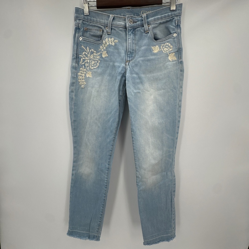 Gap 1969 Skinny Jeans Womens 2x26 Blue Floral Embroidered Denim Cotton Raw Hem